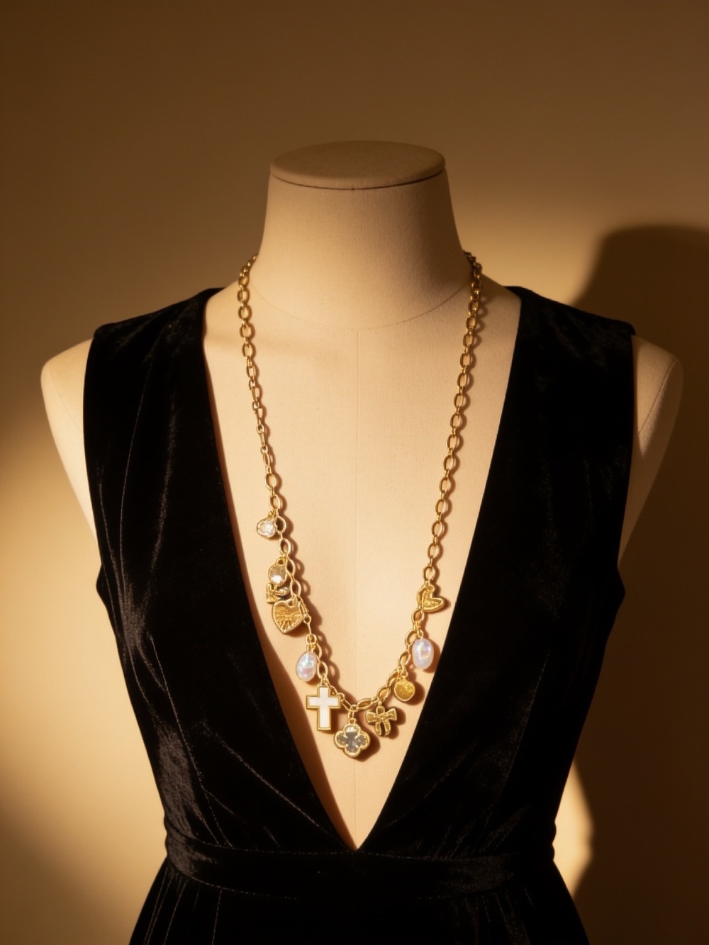 Altar'd State Gold Multi-Charm Necklace with Cross and Gem Drops